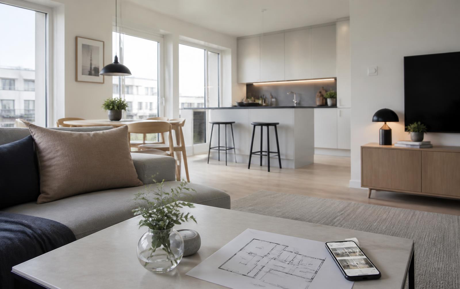 Ljus bostad med kök, vardagsrum och bostadsannons